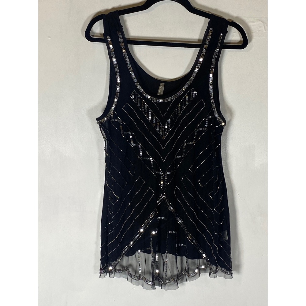 Whimsigoth Black Sequin Beaded Sheer Overlay Tank Top Art Deco Gatsby Glam Large